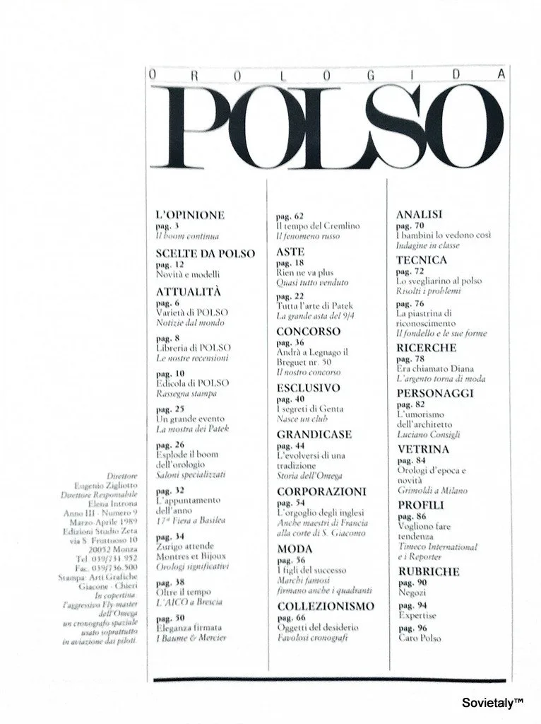 Rivista orologi da polso marzo aprile 1989 n9 anno 3 indice