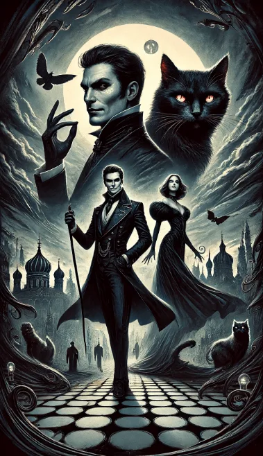 Copertina del libro "Il Maestro e Margherita" con Woland, Margherita e Behemoth in un paesaggio surreale e oscuro.
