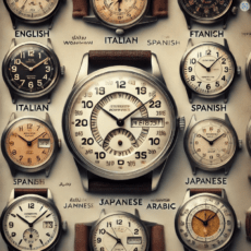 Vintage Soviet wristwatch showing days of the week and months in Cyrillic, surrounded by modern watches with date displays in multiple languages.