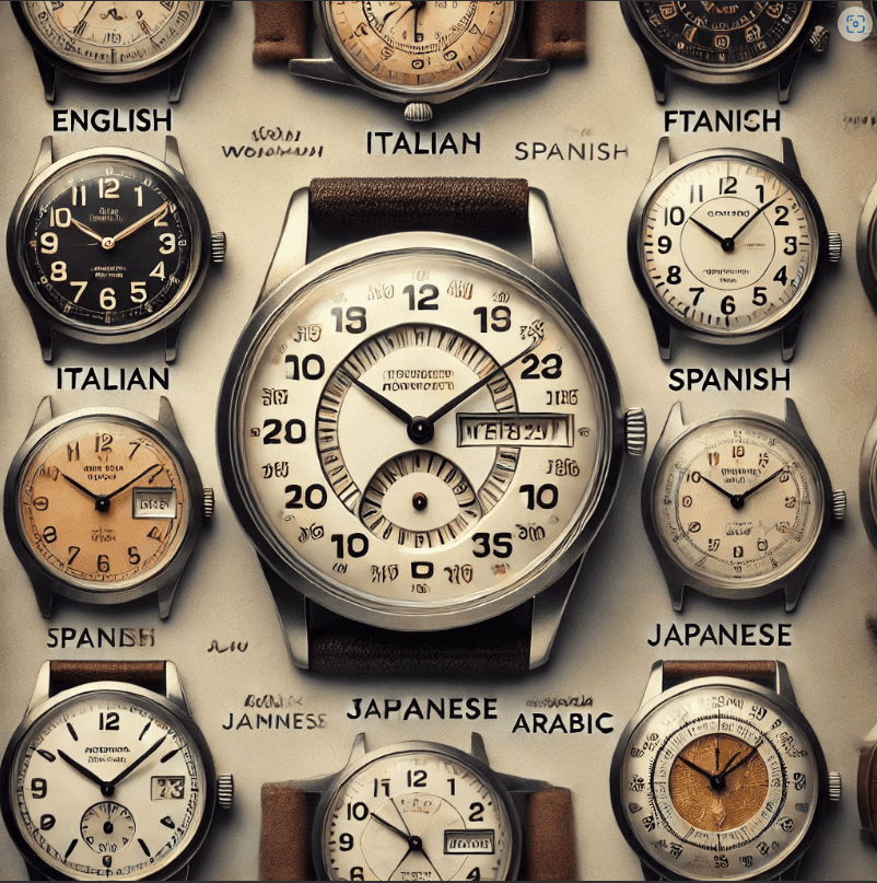 Vintage Soviet wristwatch showing days of the week and months in Cyrillic, surrounded by modern watches with date displays in multiple languages.