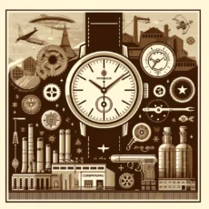 Vintage-style image depicting the history and decline of Soviet watchmaking with iconic Soviet watches, old factories, and mechanical gears in sepia tones.
