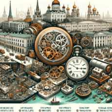 Historical depiction of the watchmaking industry in Russia with early mechanical clocks, workshops, factories, and landmarks like the Kremlin.