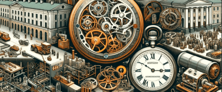 Historical depiction of the watchmaking industry in Russia with early mechanical clocks, workshops, factories, and landmarks like the Kremlin.