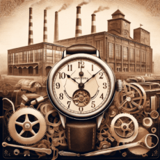Orologio da polso vintage sovietico con la fabbrica di orologi Slava di Mosca sullo sfondo.