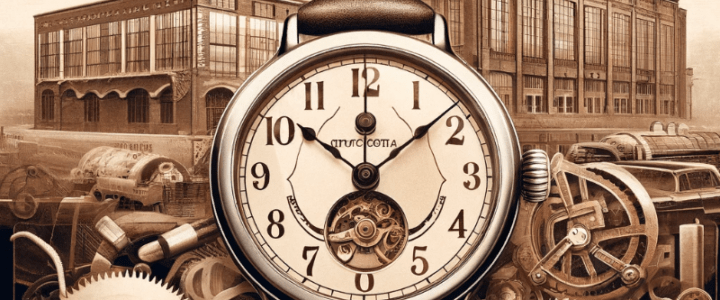 Orologio da polso vintage sovietico con la fabbrica di orologi Slava di Mosca sullo sfondo.