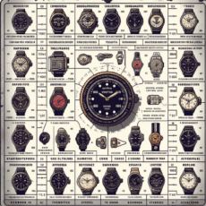 Tabella identificativa dei codici degli orologi Vostok con modelli Amphibia e Komandirskie, diverse forme di casse e materiali, e elementi di sfondo dell'era sovietica e militare.