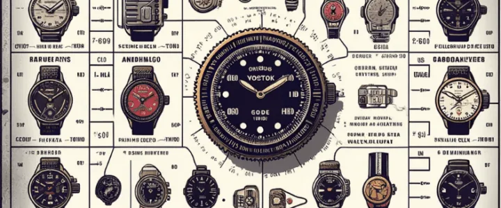 Vostok Codes: A Complete Guide Tabella identificativa dei codici degli orologi Vostok con modelli Amphibia e Komandirskie, diverse forme di casse e materiali, e elementi di sfondo dell'era sovietica e militare.