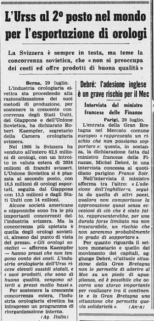 Articolo di giornale del 29 luglio 1966 sull'URSS che raggiunge il secondo posto mondiale nell'esportazione di orologi.