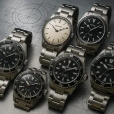 Orologi di diversi periodi e nazioni, tra cui modelli sovietici, russi, svizzeri e giapponesi, disposti su una superficie d’acciaio per mostrare le differenze di casse e finiture; esempio visivo delle principali steels usate in orologeria, con focus sulla resistenza alla corrosione – Watches from various eras and countries, including Soviet, Russian, Swiss, and Japanese models, arranged on a steel surface to highlight differences in cases and finishes; visual example of the main steels used in watchmaking, with a focus on corrosion resistance.