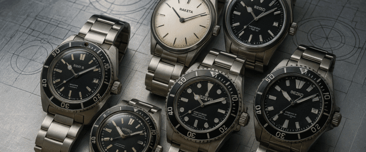 Steel in Watchmaking: Types, Soviet/Russian Alloys and International Comparisons Orologi di diversi periodi e nazioni, tra cui modelli sovietici, russi, svizzeri e giapponesi, disposti su una superficie d’acciaio per mostrare le differenze di casse e finiture; esempio visivo delle principali steels usate in orologeria, con focus sulla resistenza alla corrosione – Watches from various eras and countries, including Soviet, Russian, Swiss, and Japanese models, arranged on a steel surface to highlight differences in cases and finishes; visual example of the main steels used in watchmaking, with a focus on corrosion resistance.