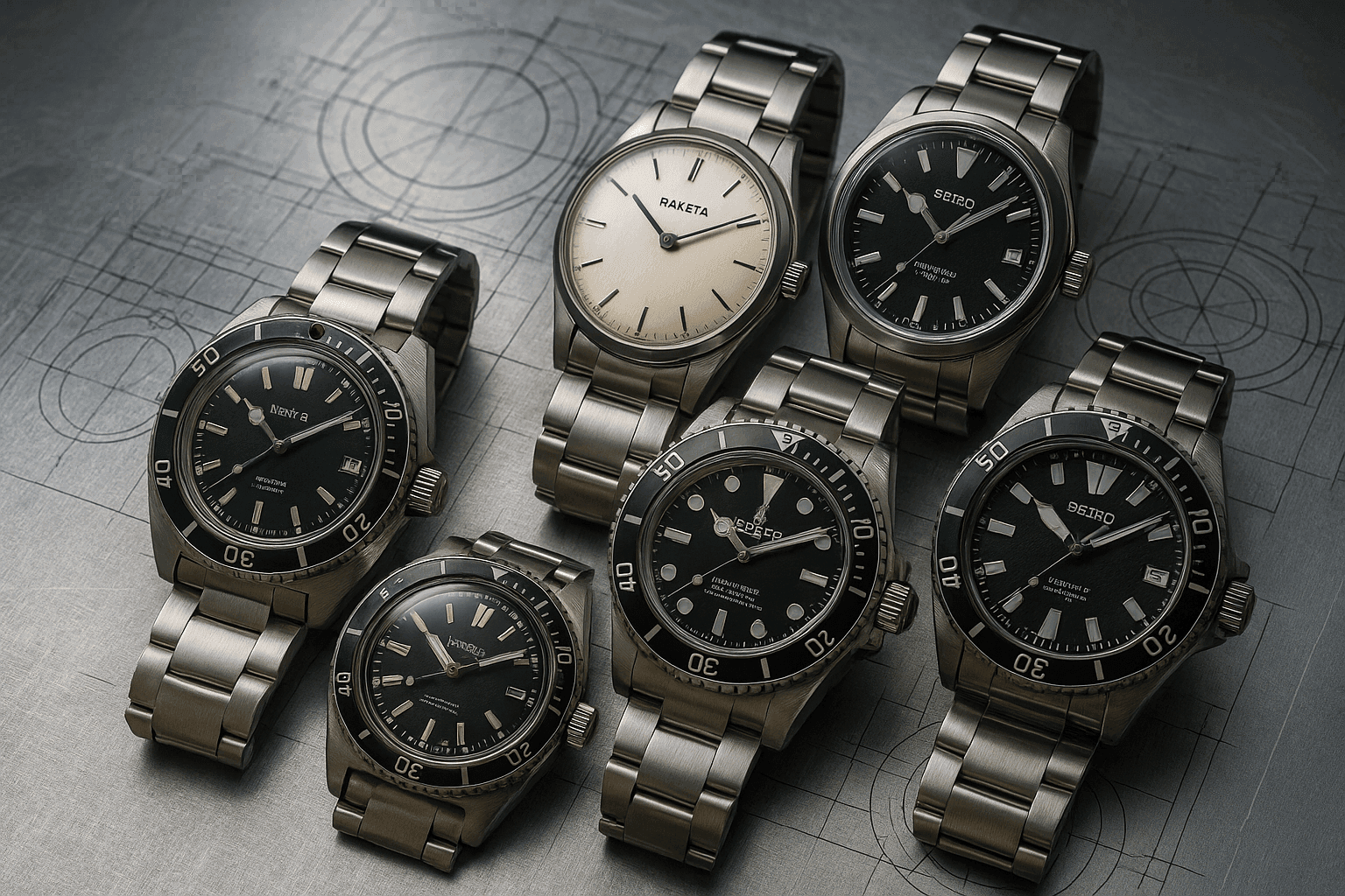 Orologi di diversi periodi e nazioni, tra cui modelli sovietici, russi, svizzeri e giapponesi, disposti su una superficie d’acciaio per mostrare le differenze di casse e finiture; esempio visivo delle principali steels usate in orologeria, con focus sulla resistenza alla corrosione – Watches from various eras and countries, including Soviet, Russian, Swiss, and Japanese models, arranged on a steel surface to highlight differences in cases and finishes; visual example of the main steels used in watchmaking, with a focus on corrosion resistance.