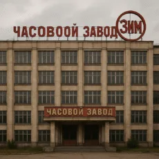 Facciata storica della fabbrica di orologi ZIM a Samara, simbolo dell’orologeria sovietica. Historic facade of the ZIM watch factory in Samara, a symbol of Soviet watchmaking.