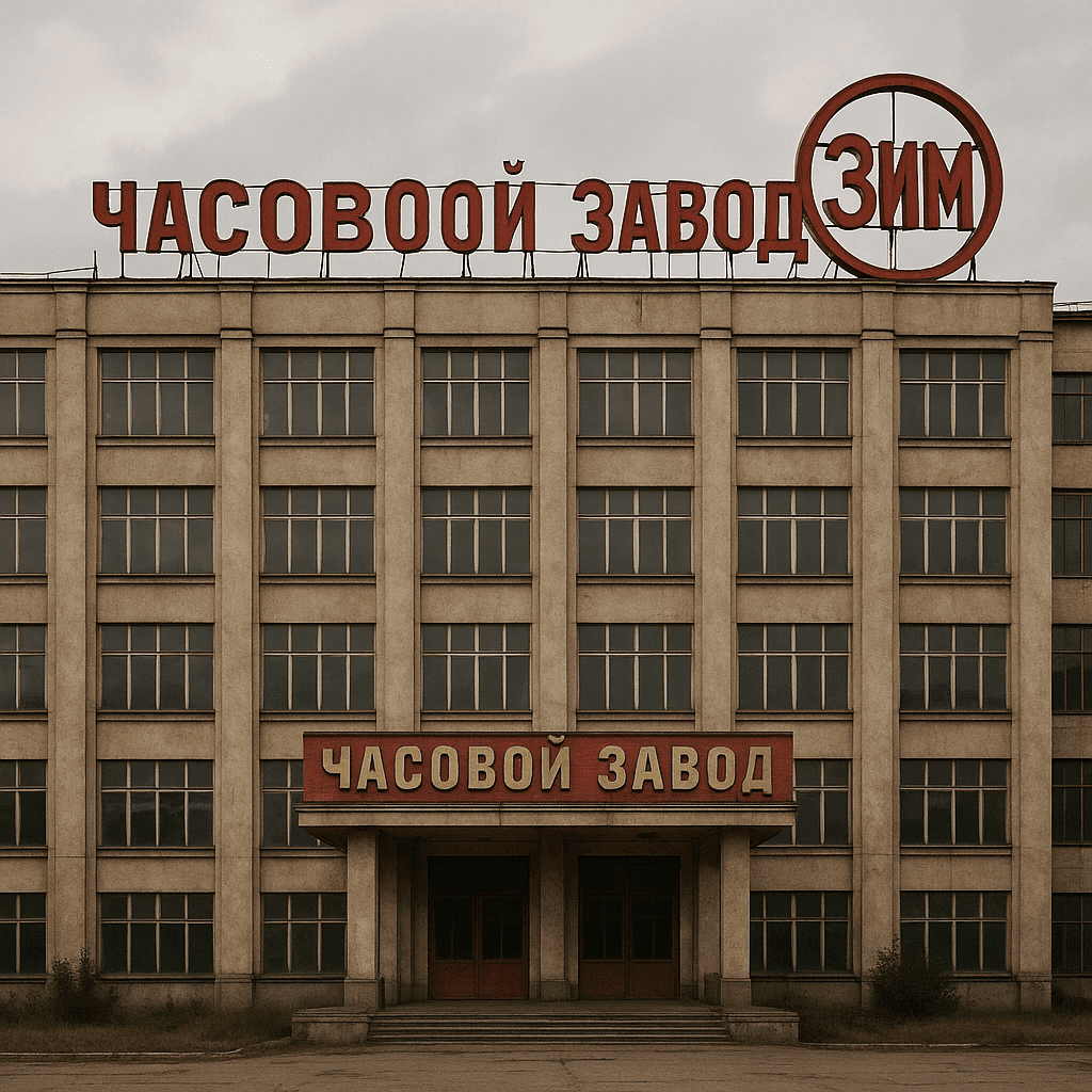 Facciata storica della fabbrica di orologi ZIM a Samara, simbolo dell’orologeria sovietica. Historic facade of the ZIM watch factory in Samara, a symbol of Soviet watchmaking.