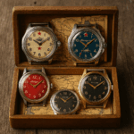Cinque orologi sovietici d’epoca disposti in una scatola di legno, con quadranti colorati (rosso, blu, nero e crema) e sfondo di mappe storiche, evocando il fascino vintage e la storia dell’Unione Sovietica.