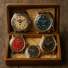 Cinque orologi sovietici d’epoca disposti in una scatola di legno, con quadranti colorati (rosso, blu, nero e crema) e sfondo di mappe storiche, evocando il fascino vintage e la storia dell’Unione Sovietica.