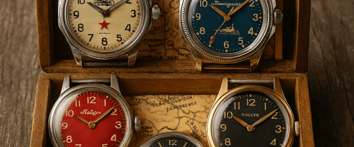 Beginner’s Guide to Collecting Soviet Watches Cinque orologi sovietici d’epoca disposti in una scatola di legno, con quadranti colorati (rosso, blu, nero e crema) e sfondo di mappe storiche, evocando il fascino vintage e la storia dell’Unione Sovietica.