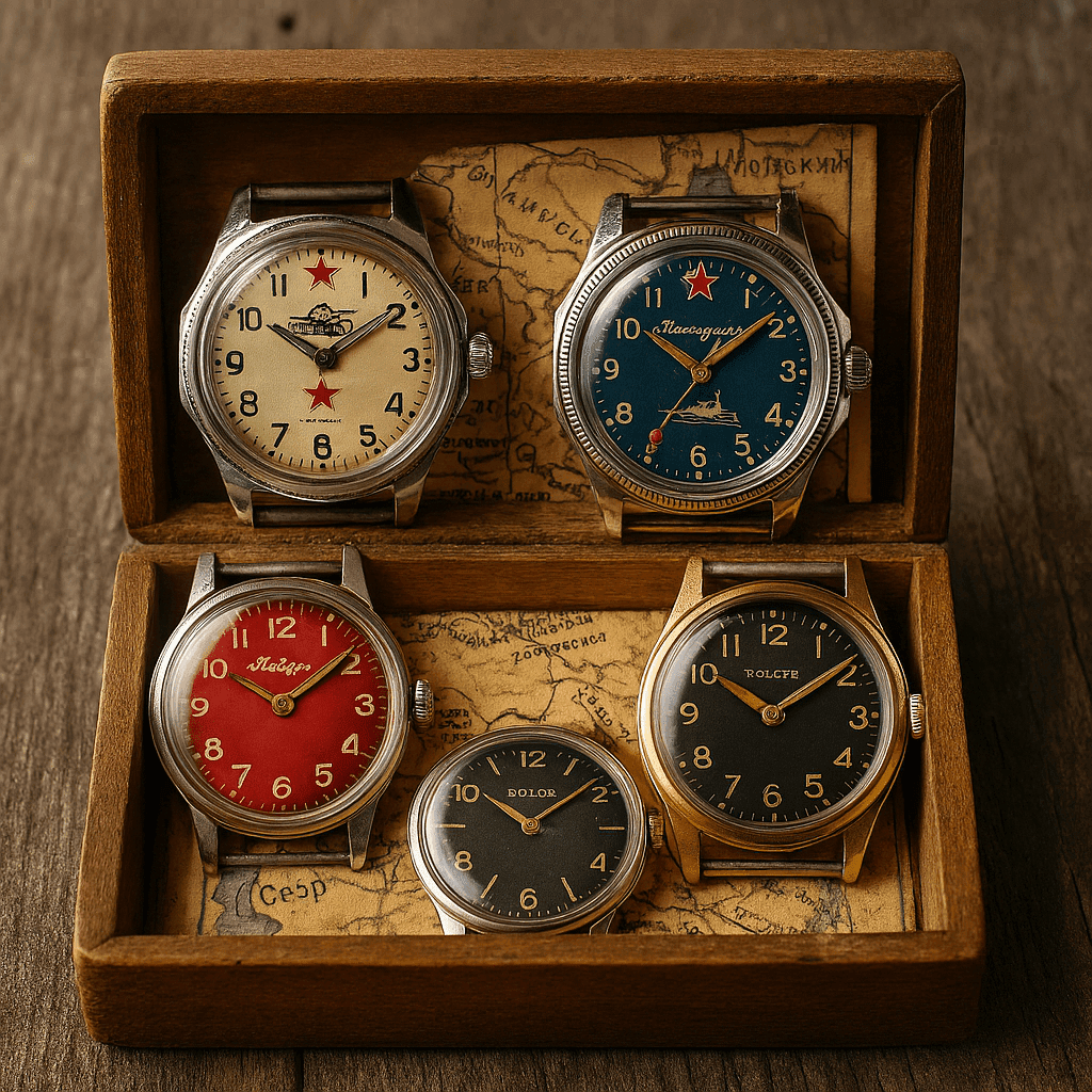 Cinque orologi sovietici d’epoca disposti in una scatola di legno, con quadranti colorati (rosso, blu, nero e crema) e sfondo di mappe storiche, evocando il fascino vintage e la storia dell’Unione Sovietica.